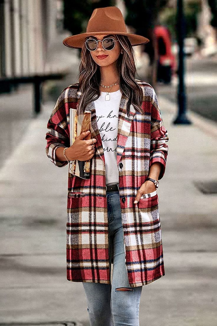 F00147163-305 Oversized Pea Coat, Plaid Coat Women, Trench Coat Fall, Plaid Suit Jacket, Gilet Long, Long Coat Women, Long Sleeve Outerwear, Women Overcoat, Plaid Coat