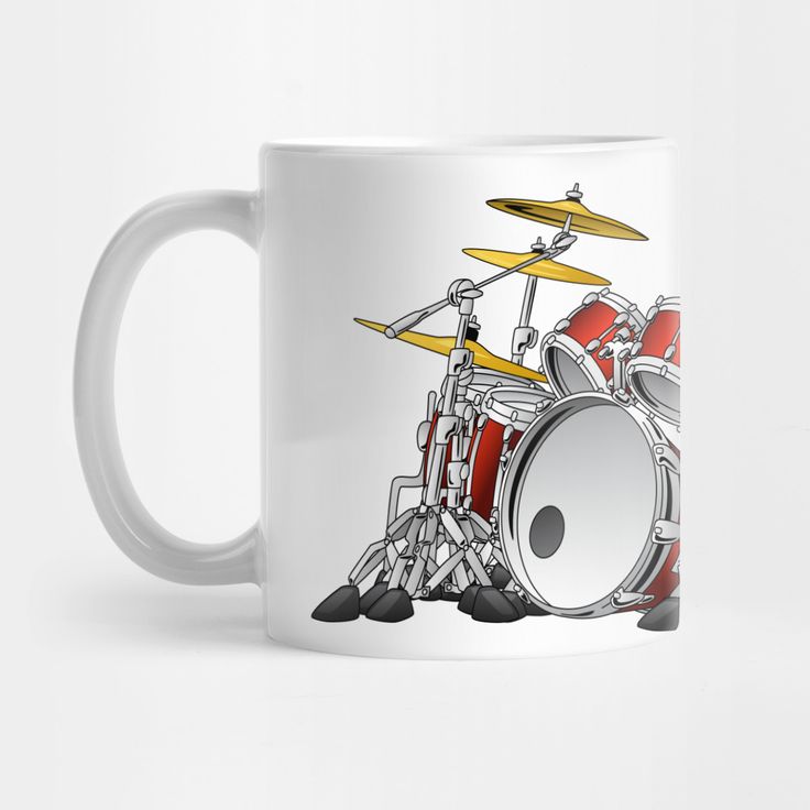 a coffee mug with a drum set on it