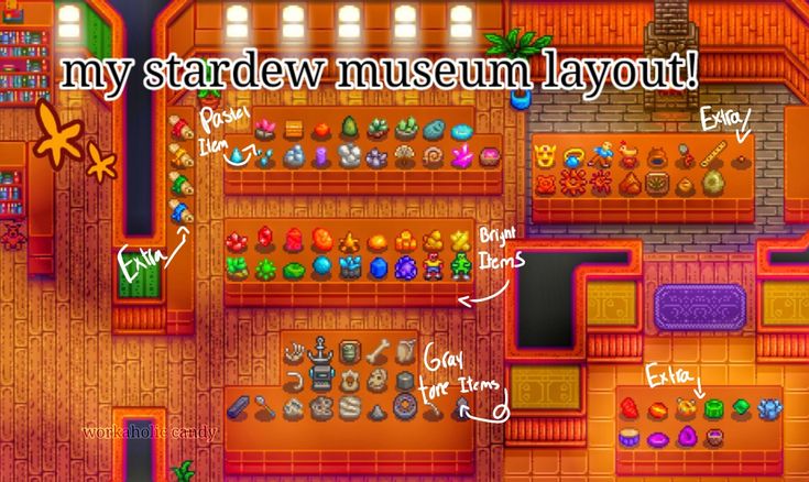 an image of a game with many different items on the screen and words above it that read, my stardew museum layout