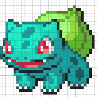 an image of a pixellated pokemon character with green leaves on his head and red eyes