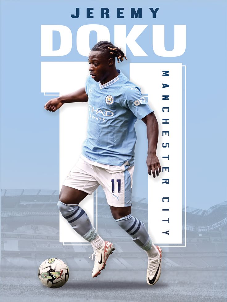 a young man kicking a soccer ball in front of a stadium sign that says doku manchester city