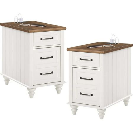 two white nightstands with wooden top and drawers