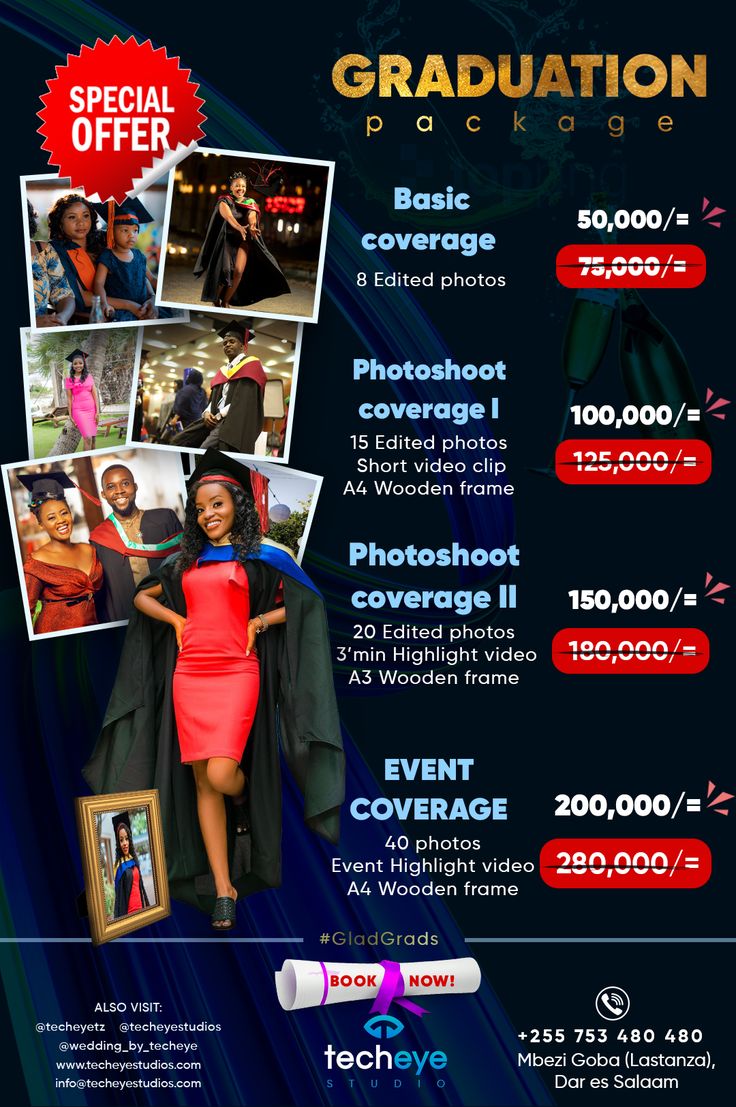 the graduation flyer for an event with photos and captions in red, black and blue