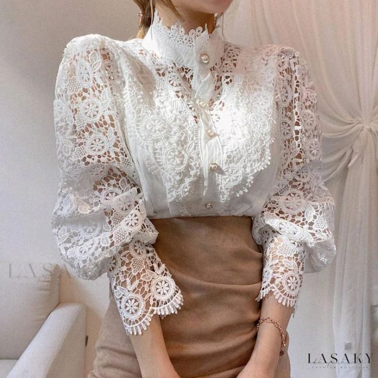 Lasaky - Luxurious Long Sleeve Top for Women with Intricately Designed Patterns Top In Pizzo, Stand Collar Blouse, Women Lace Blouse, Stand Collar Shirt, Lace Blouse Long Sleeve, Patchwork Shirt, Patch Work Blouse, White Lace Blouse, Elegant Embroidery