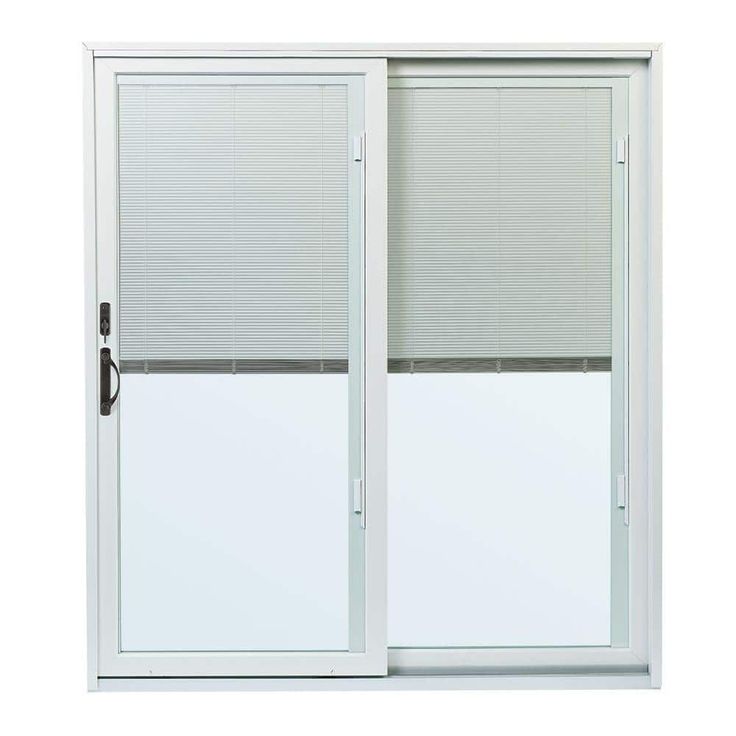 an open sliding glass door with blinds on the outside and inside windows in white, isolated against a white background