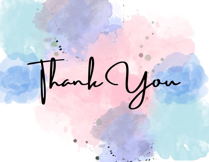 the word thank you written in black ink on a pink and blue watercolor background