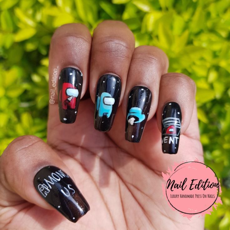 Among us inspired press on nails. #handpaintednails Among Us Nails, Kid Nails, Nails For Kids, Fancy Nails, Us Nails, Nails On Fleek, Among Us, Acrylic Nail Designs, Nail File