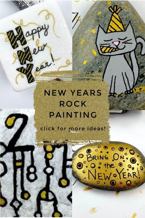 new year's rock painting with gold foil lettering and black and white designs on it