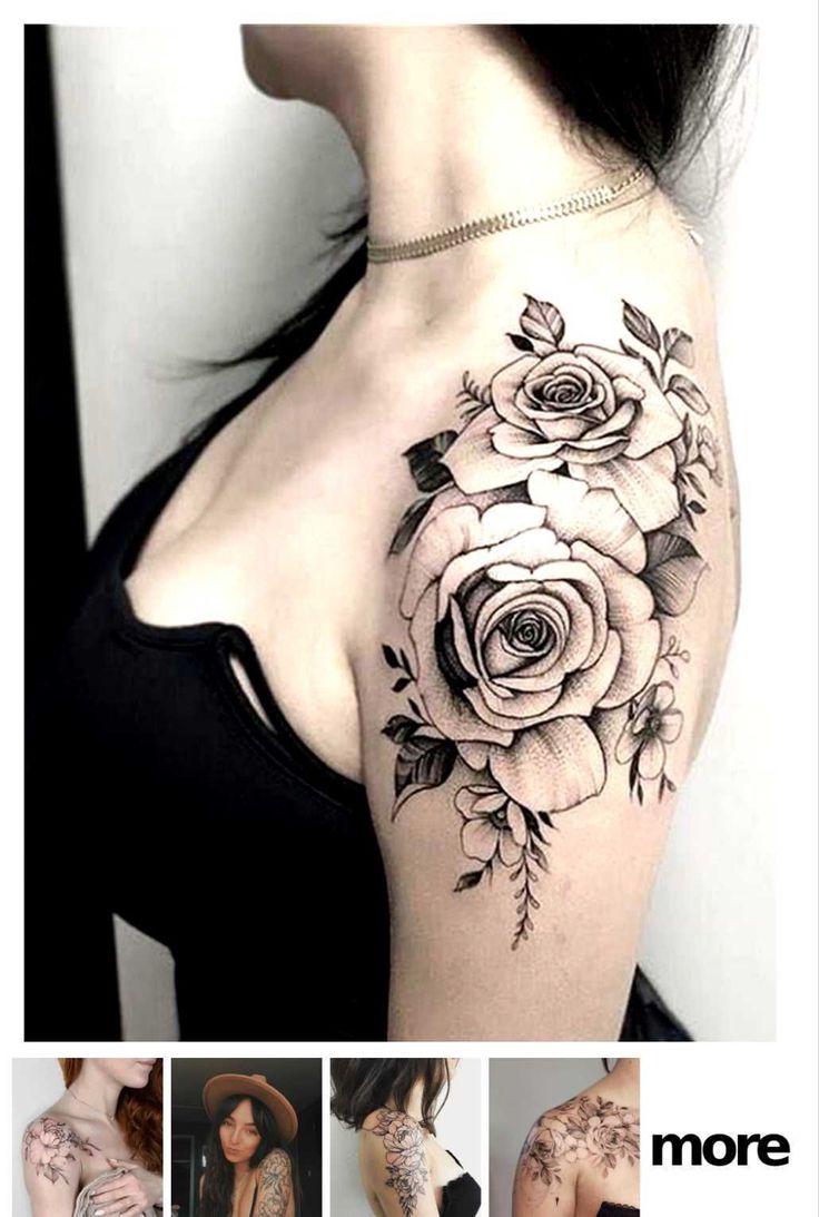 the back of a woman's shoulder with roses on it and other images of her tattoos