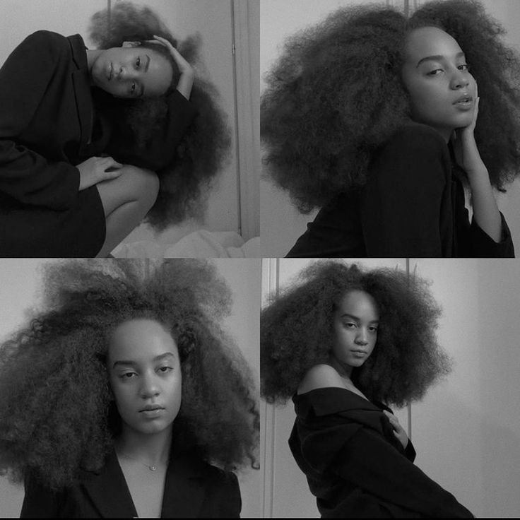 four different pictures of a woman with curly hair