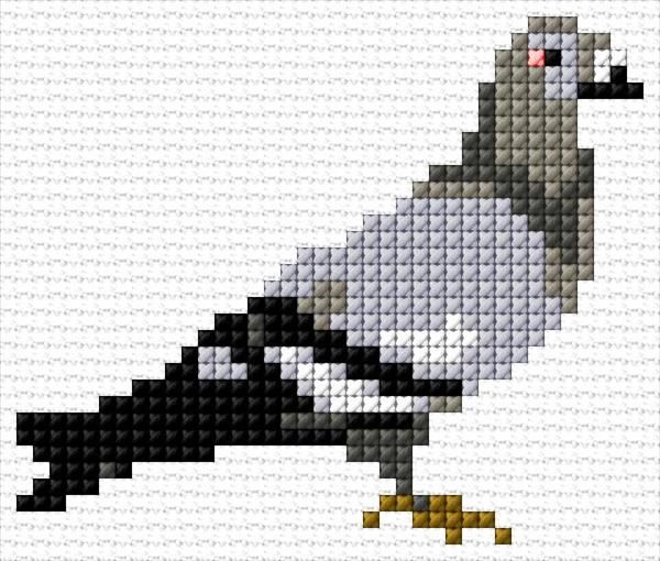 a cross stitch pattern of a black and white bird