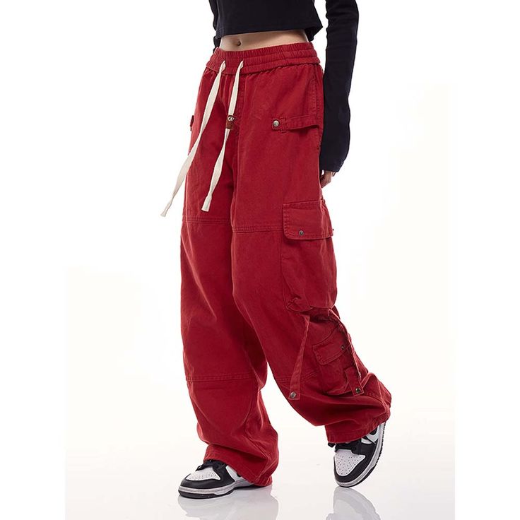 Red Wide-Leg Jazz Dance Cargo Pants  Material: 100%Cotton  Size: M, L, XL, 2XL Color: Black, Gray, Wine Red Waist Type: Mid-High Waist  Season: Spring, Fall, Winter   Occasion: Leisure, Outdoor, Daily, Vacation, Fall Outfits Dance And Marvel Clothing, Black And Red Streetwear Outfit, Casual Red Bottoms With Pockets, Baggy Red Cargo Pants With Side Pockets, Baggy Red Cargo Pants With Cargo Pockets, Red Cotton Pants With Cargo Pockets, Red Wide Leg Bottoms With Cargo Pockets, Red Cotton Cargo Pants, Red Casual Cargo Pants With Pockets