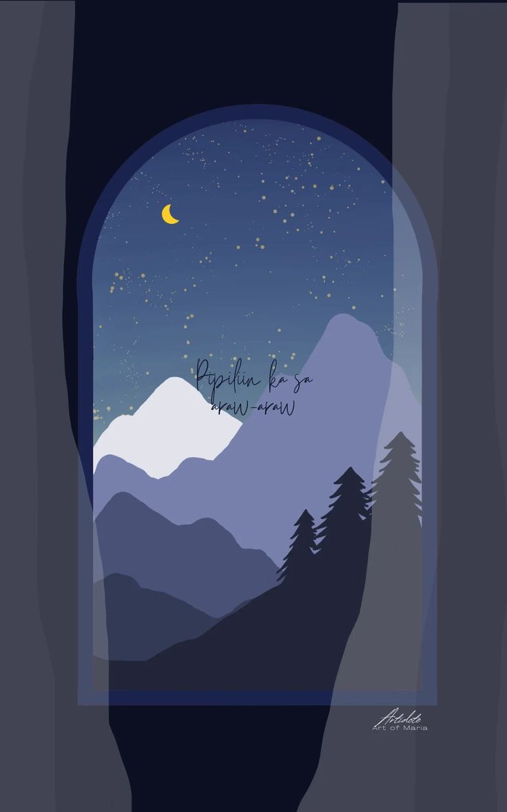 an open window with mountains and stars in the sky at night, as well as a hand written quote