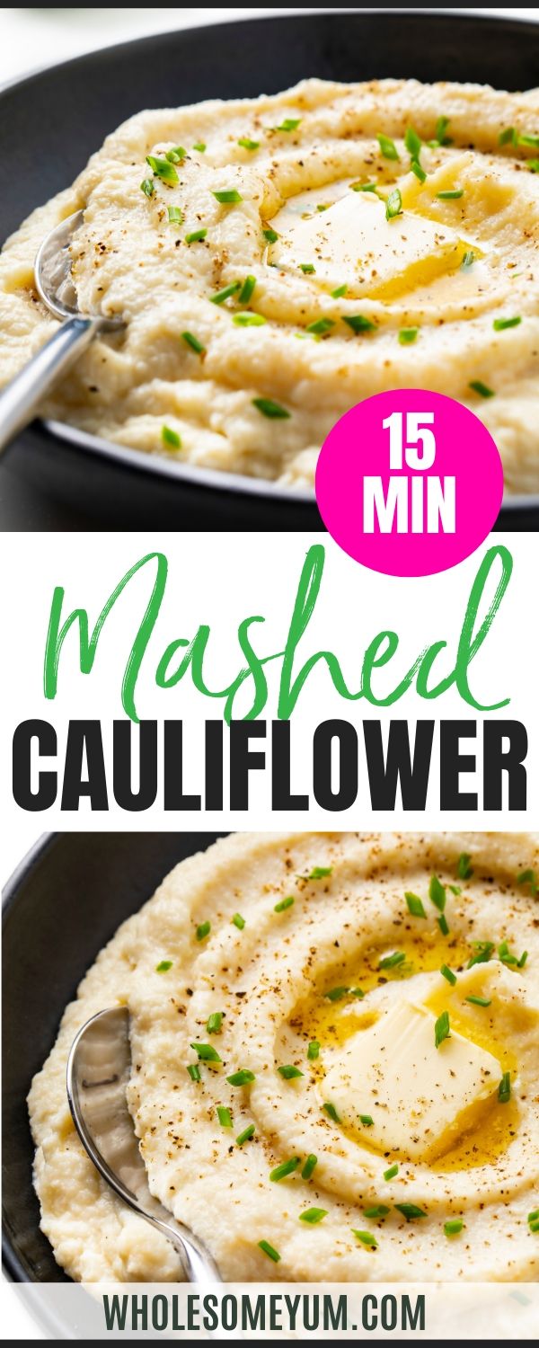 mashed cauliflower in a skillet with text overlay