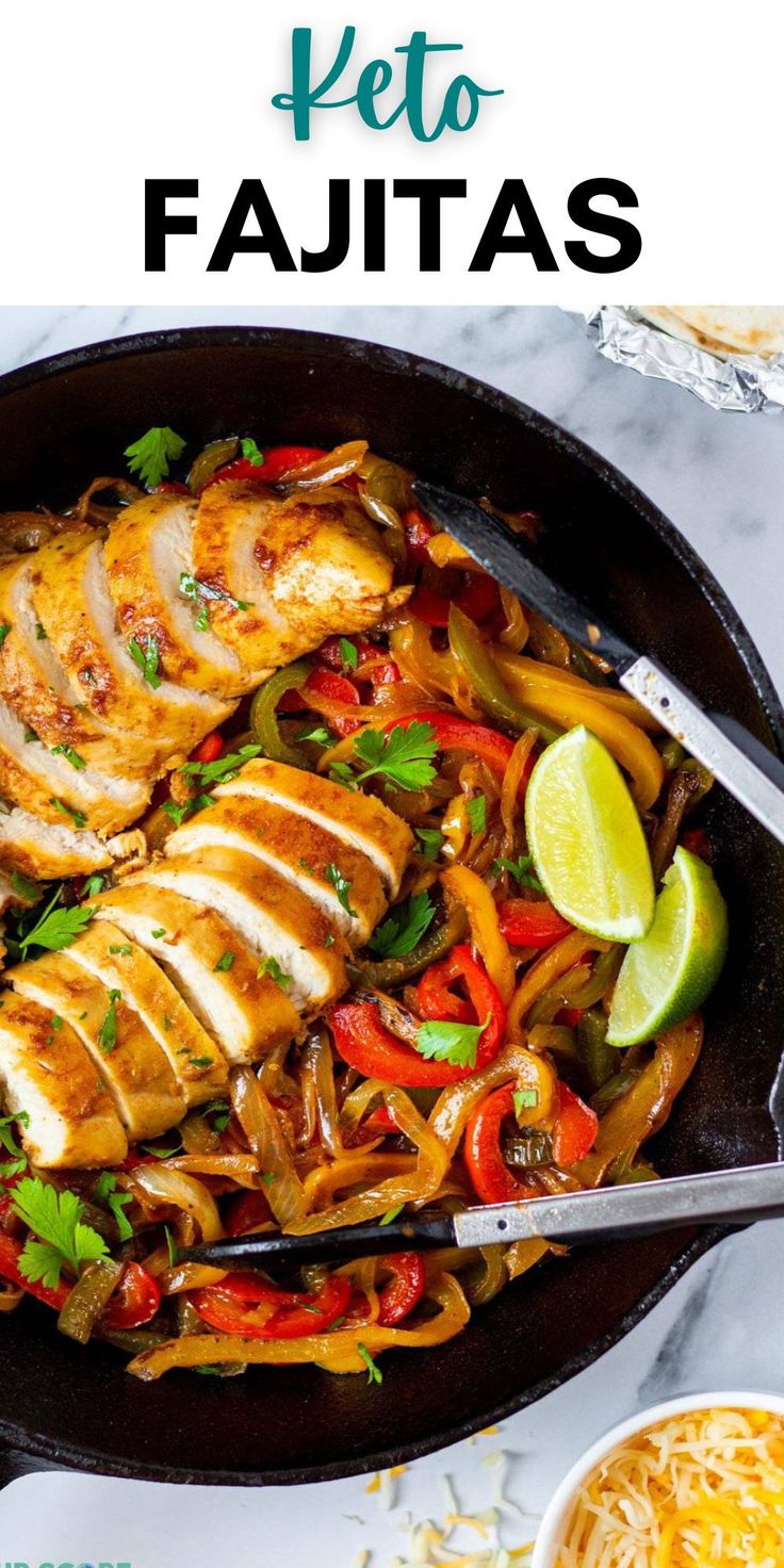 chicken fajitas in a skillet with peppers and onions