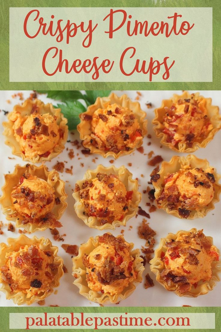 the recipe for crispy pinenut cheese cups is shown on a white plate