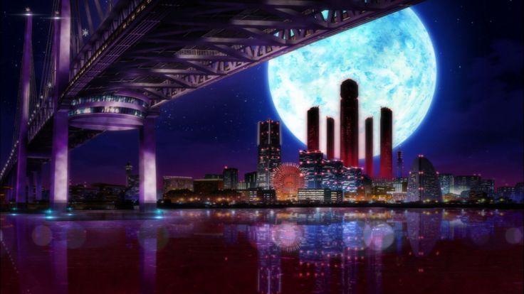 an image of a full moon in the sky over a city with skyscrapers and water