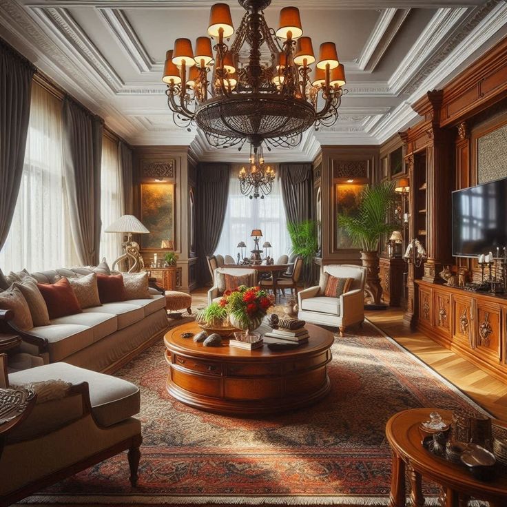 a living room filled with lots of furniture and a chandelier hanging from the ceiling