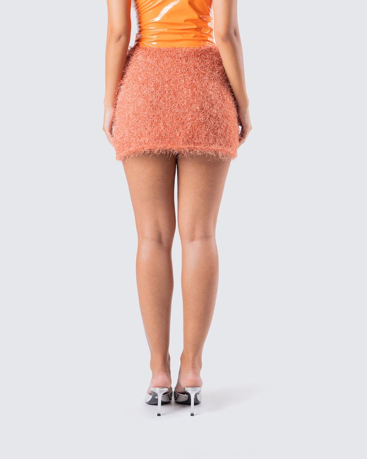 Cozy and cute 💫 Elevate your closet with this fuzzy orange skirt. Another simple statement piece to help you stand out, even though your beauty alone does that 🥰 Chic Orange Mini Skirt For Fall, Trendy Orange Skirt For Fall, Fuzzy Skirt Outfit, Trendy Orange Party Bottoms, Orange Lined Skirt For Party, Chic Orange Skirt For Night Out, Trendy Orange Skirt, Orange Lined Mini Skirt For Party, Trendy Orange Party Skirt