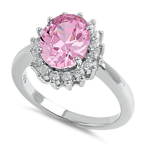 Top of ring height: 13.5mm

Top of ring width: 8mm

Band width: 2.1mm

Shank width: 1.8mm



Stone material: pink cubic zirconia

Center stone size: 10mm X 8mm

Stone shape: oval cut

Center stone carat weight: 2.54 ct.

Total number of CZ stones: 18

Stone setting: prong setting



Metal: 925 sterling silver

Plating: rhodium plated

Finish: high polish Pink Oval Halo Ring For Formal Occasions, Classic Pink Cluster Ring For Formal Occasions, Formal Oval Pink Halo Ring, Formal Pink Oval Halo Ring, Classic Pink Gemstone Halo Ring, Classic Pink Cluster Ring With Halo Setting, Pink Oval Diamond Ring With Accent Stones, Classic Pink Halo Ring With Gemstone, Oval Pink Diamond Ring With Accent Stones