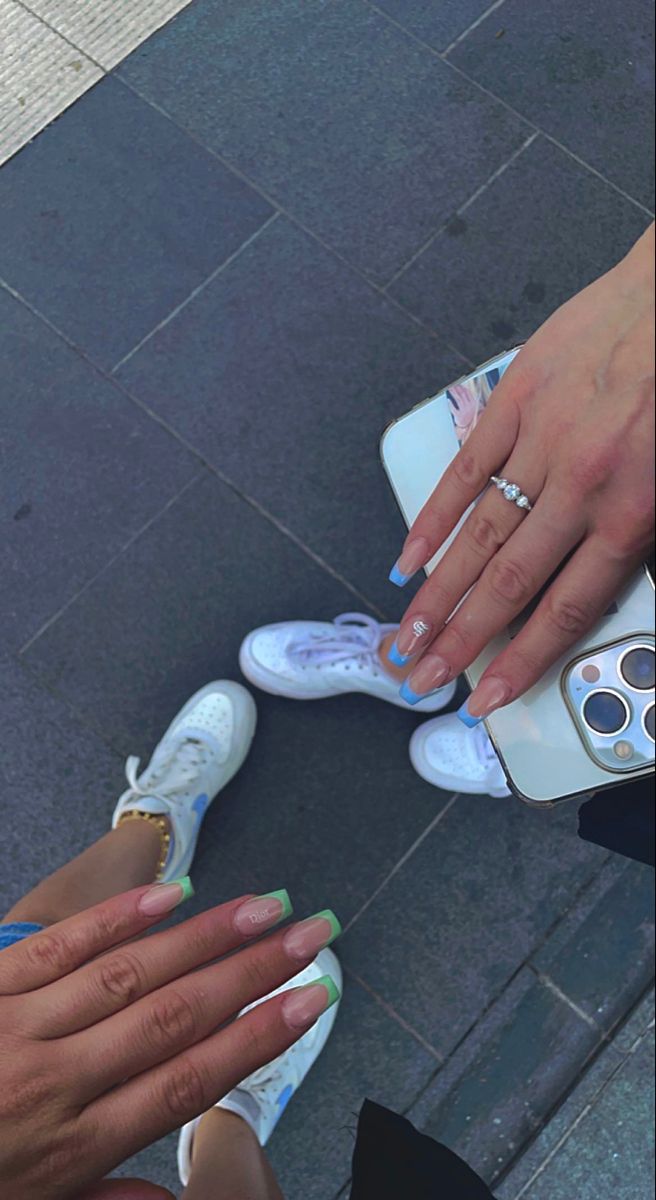 #besties # #nails #french Set Nails Bff, Matching Nails For Besties Acrylic, Twin Nails With Bestie, Bestie Nails Friends Matching, Matching Nails With Best Friend Y2k, Nails Matching With Bestie, Matching Nail Sets For Best Friends, Bestie Nails Ideas Matching, Matching Acrylic Nails With Best Friend