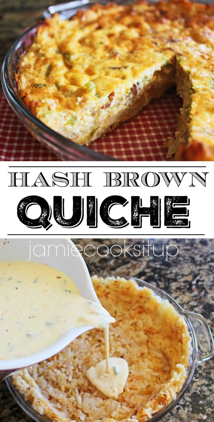 an image of a quiche with cheese being drizzled over it and the words hash brown quickie on top