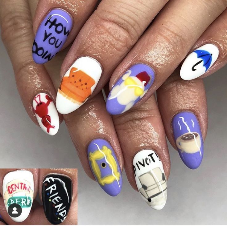 Friends Theme Nail Art, Tv Show Inspired Nails, Tv Show Nails, Friends Themed Nails, Friends Nail Art, Friends Nails Tv Show, Friends Nails, Nyc Nails, Girls Nail Designs