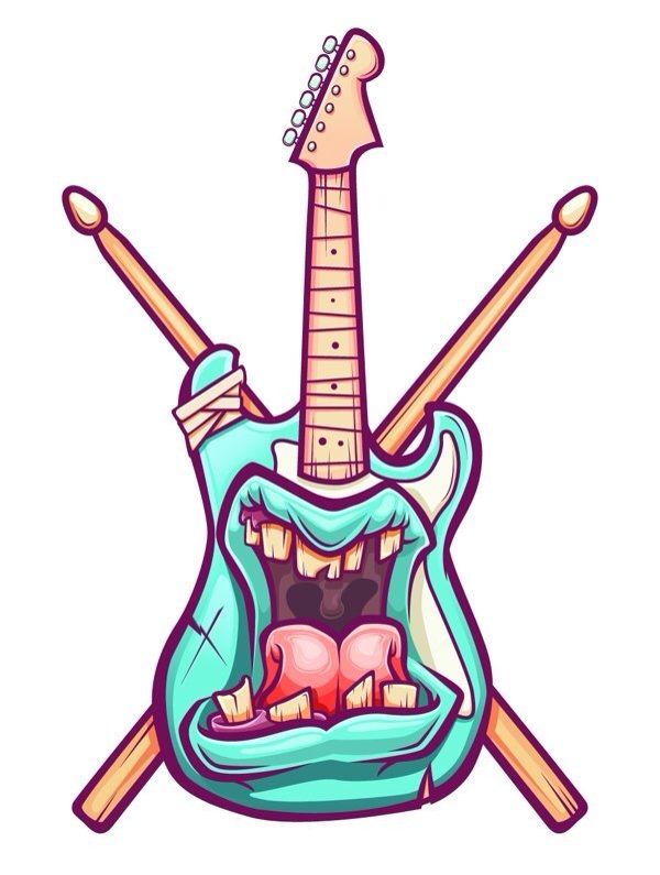 a cartoon guitar with teeth and two crossed guitars in the back, on a white background