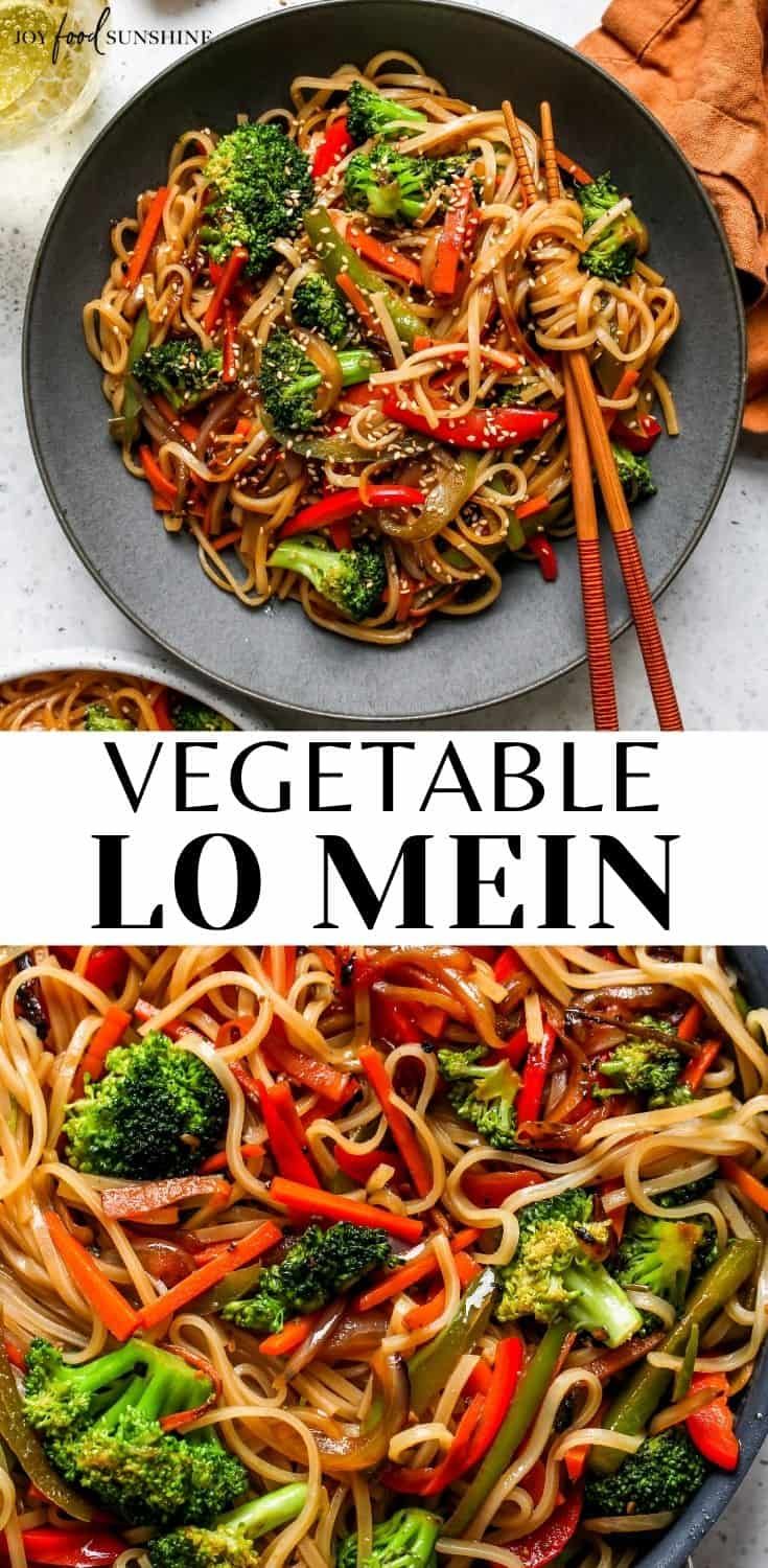 vegetable lo mein in a skillet with chopsticks