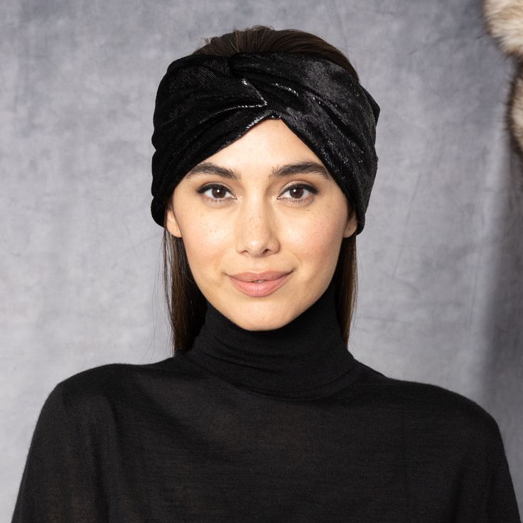 Black metallic velvet turban headband. SKU: 25029-04524 Velvet Turban, Turban Headband, Eugenia Kim, Turban Headbands, Black Metallic, Velvet, Satin, Black