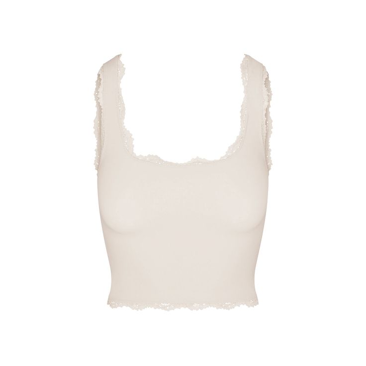 FITS EVERYBODY LACE TANK | STONE Feminine Tank Top With Built-in Bra, Lace Fitted Tank Top With Built-in Bra, Elegant Tank Top With Built-in Bra And Wide Straps, Fitted Lace Bodice Tank Top, Elegant Fitted Tank Top With Wide Straps, Feminine Bra-friendly Tank Top, Chic Seamless Camisole With Wide Straps, Chic Fitted Camisole With Delicate Lace, Elegant Stretch Tank Top With Wide Straps