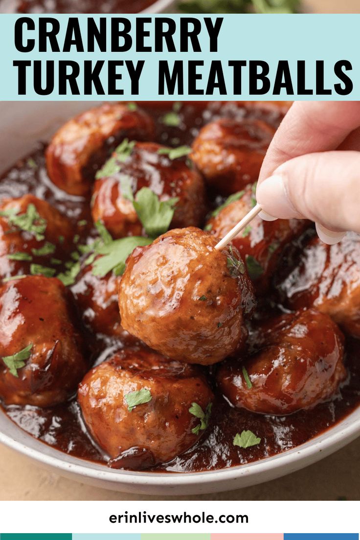 cranberry turkey meatballs in a white bowl with text overlay that reads cranberry turkey meatballs