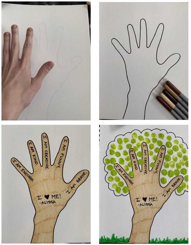 four pictures of handprints with words on them and trees in the middle one