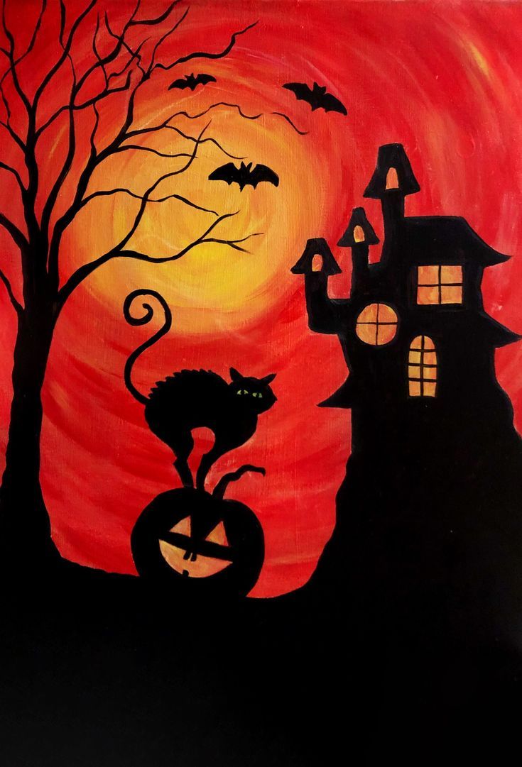 an acrylic painting of a cat sitting on a pumpkin in front of a spooky house