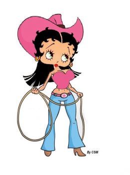 a cartoon girl holding a hoop with a heart on it's chest and wearing a pink cowboy hat