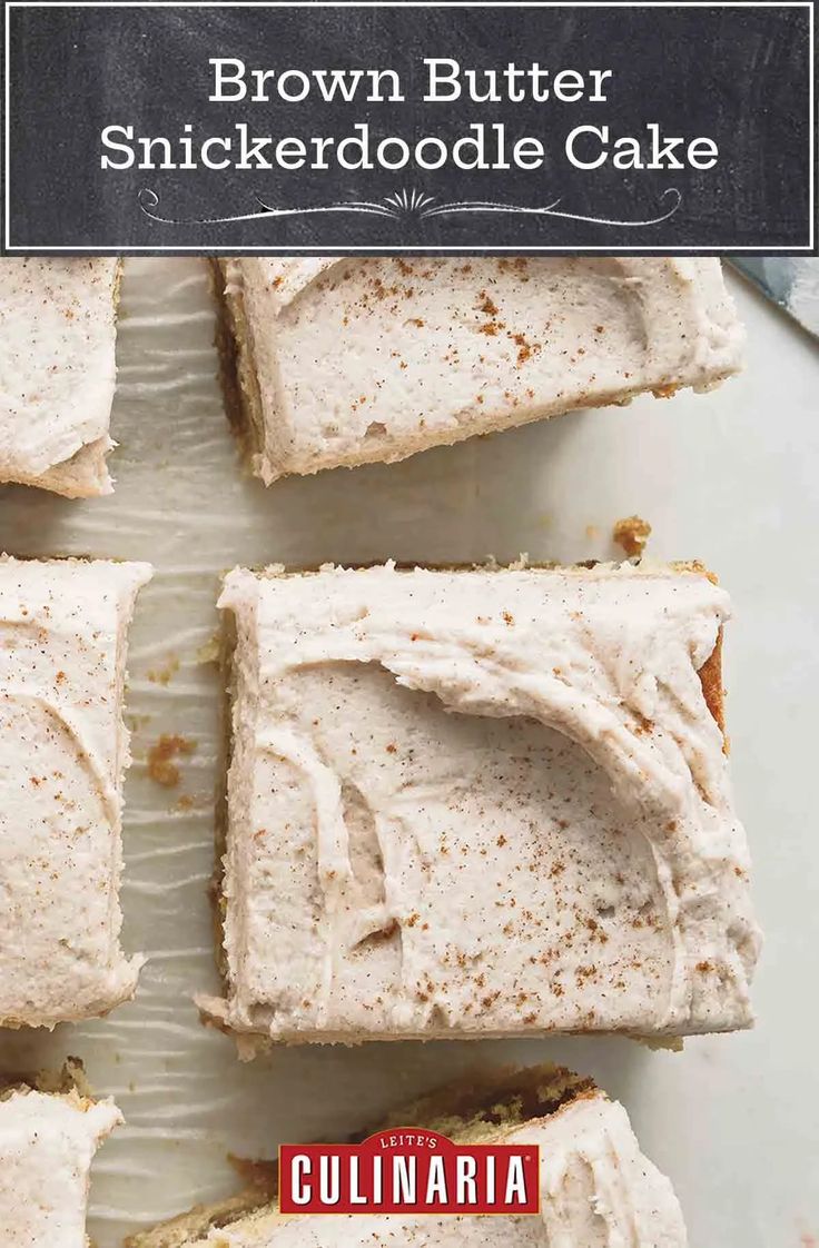 brown butter snickkerdoodle cake cut into squares