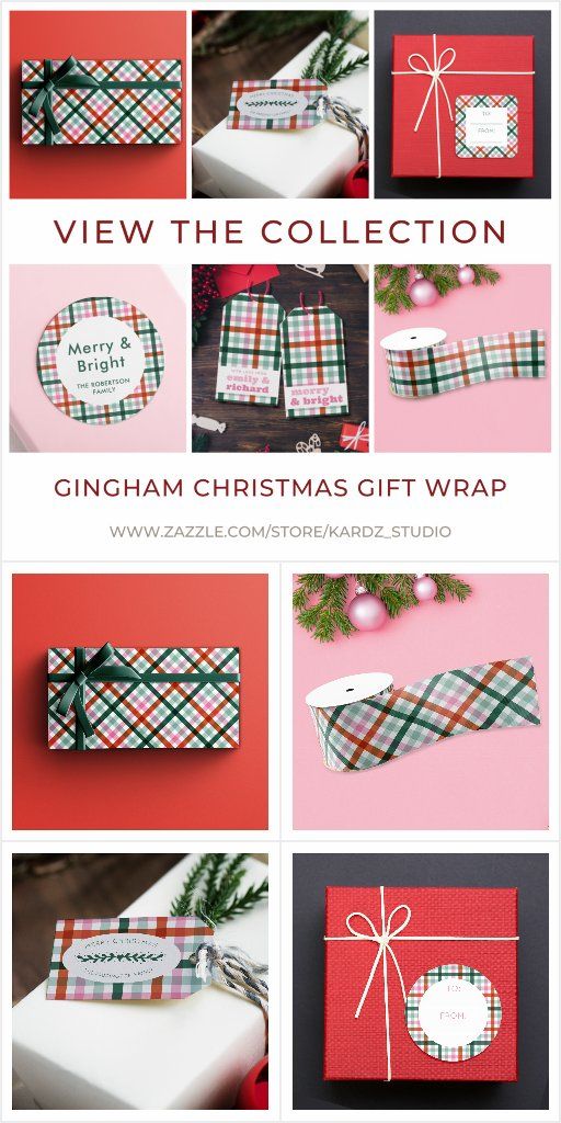 christmas gift wrap with the words view the collection on it and pictures of presents wrapped in red