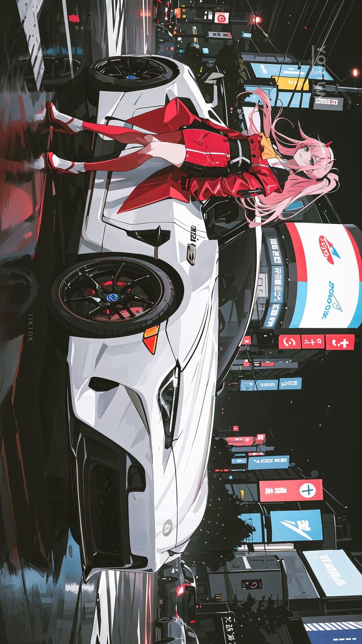 a futuristic car is shown in the middle of an abstract cityscape with red and white accents