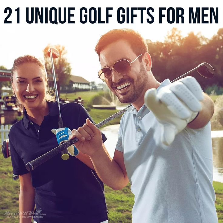 a man and woman holding golf clubs with the caption 21 unique golf gifts for men