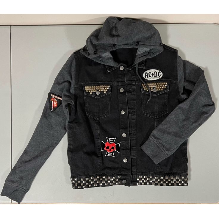 Ac/Dc ‘Back In Black: 1980’ Studded Spiked Patches Denim Jean Hoodie Sweatshirt Sweater Jacket Size S Bust: 19 In. - Length: 23.5 In. - Shoulders: 18.5 In. - Waist: 20 In. - Sleeve Length: 22 In. - Hem: 18.5 In. #Acdc #Punk #Jeanjacket #Hoodie #Denim Black Cotton Biker Outerwear, Casual Black Hooded Jacket For Urban Adventures, Edgy Washed Black Outerwear For Streetwear, Grunge Gray Outerwear For Streetwear, Black Cotton Hooded Jacket For Urban Adventures, Black Biker Hooded Jacket For Fall, Black Biker Denim Jacket For Fall, Washed Black Hoodie For Fall, Black Hooded Denim Jacket For Winter