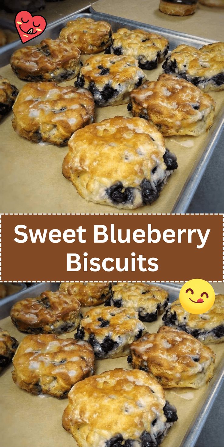 sweet blueberry biscuits on a baking sheet with text overlay that reads, sweet blueberry biscuits