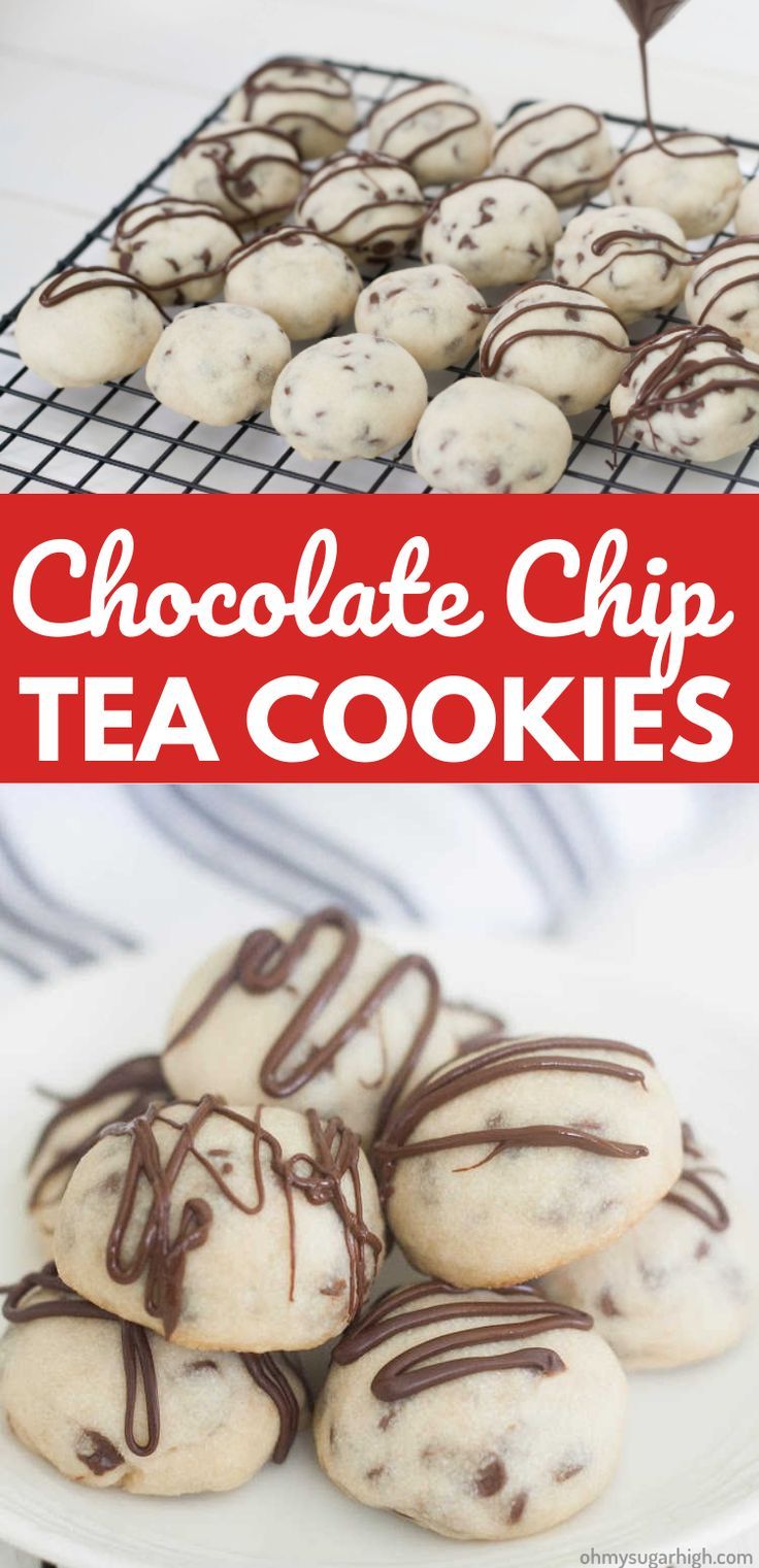 Drizzling chocolate over the top of cookies on a wire rack. Close up of small, round cookies with chocolate drizzle over the top Chocolate Chip Tea Cookies, Tea Party Cookies Recipes, Yea Time Foods, Chocolate Chip Tea Cakes, Tea Party Brownies, Snacks To Have With Tea, Tea Party Cookie Recipes, Tea Time Sweets Treats, Tea Treats Afternoon