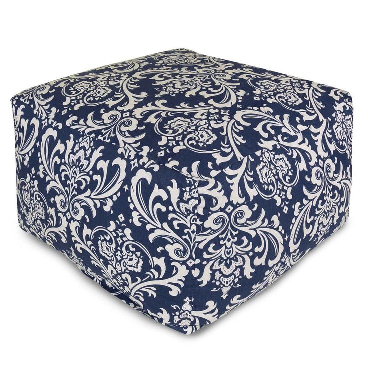 a blue and white floral print square ottoman