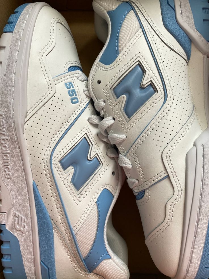 A picture of new balance 550s. New Balance Shoes550, Light Blue New Balance 550, Light Blue New Balance, New Balance 550 Blue, New Balance 550 Outfit, 550 Outfit, New Balance Aesthetic, Balance Aesthetic, Outfit New Balance