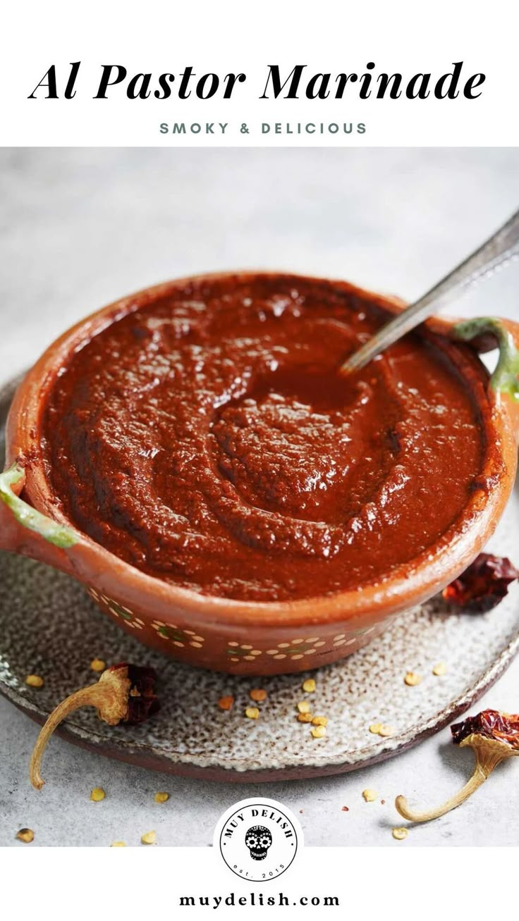 an image of a bowl of food with the title above it that reads, al pastor marinade smoky and delicious