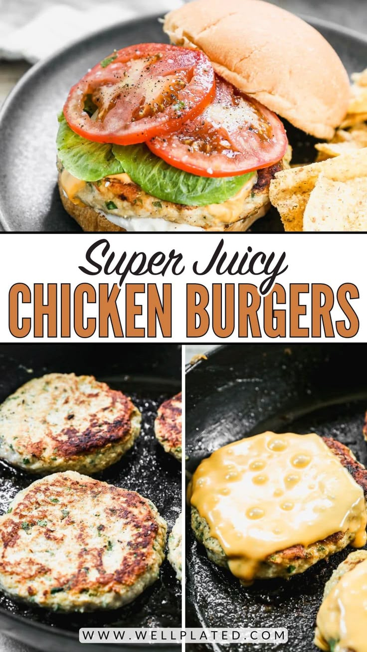 chicken burgers are being cooked in a skillet