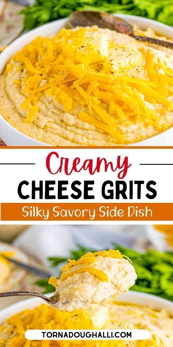 creamy cheese grits in a white bowl with a spoon