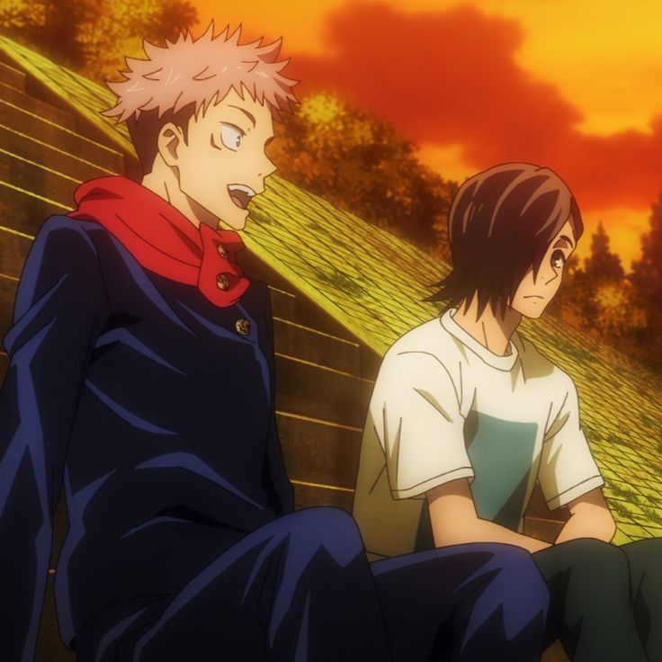 two anime characters sitting on a bench in front of an orange and yellow sky with trees