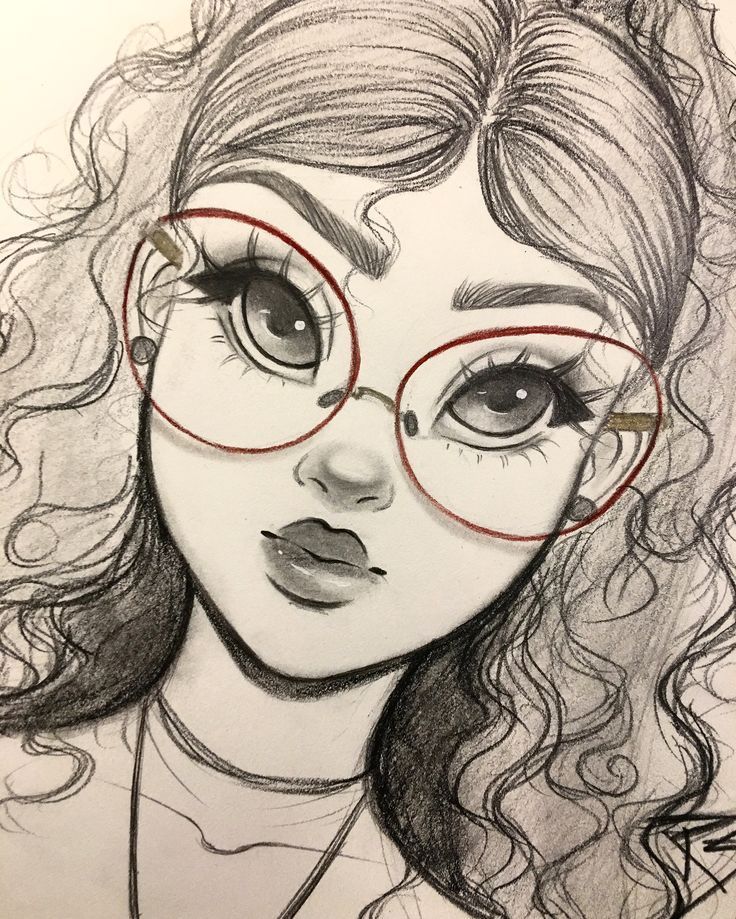 a drawing of a girl with glasses on her face and long curly hair is shown