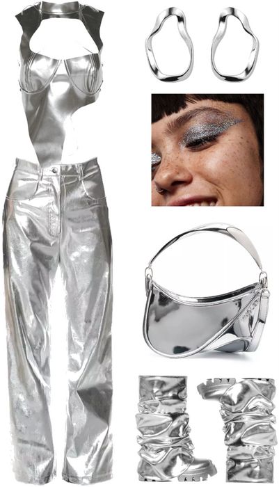 Chrome Y2k Outfits, Futurism Aesthetic Outfit, Metallic Aesthetic Outfit, Chrome Clothes, Metallic Costume Ideas, Metal Costume, Metallic Fashion Silver, Metallic Halloween Costume, Futuristic Halloween Costume